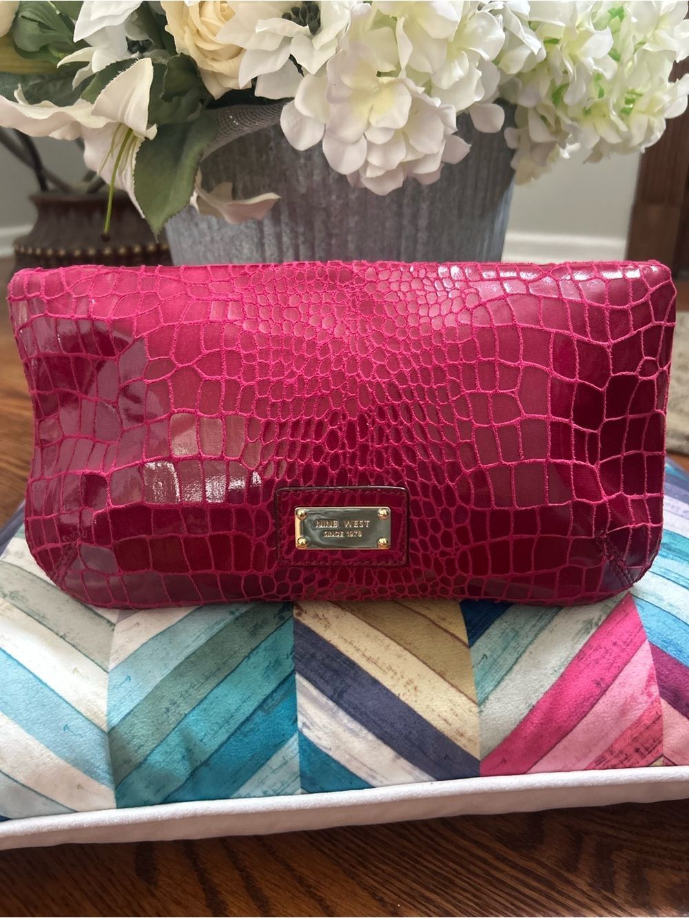Nine West Hot Pink Croc-Embossed Clutch